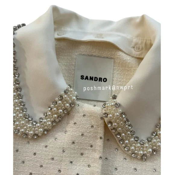 NWT 💯 SANDRO Paris Lahavane Rhinestone Crop Blazer Jacket Blouse Top 34 0 XS - Picture 5 of 13